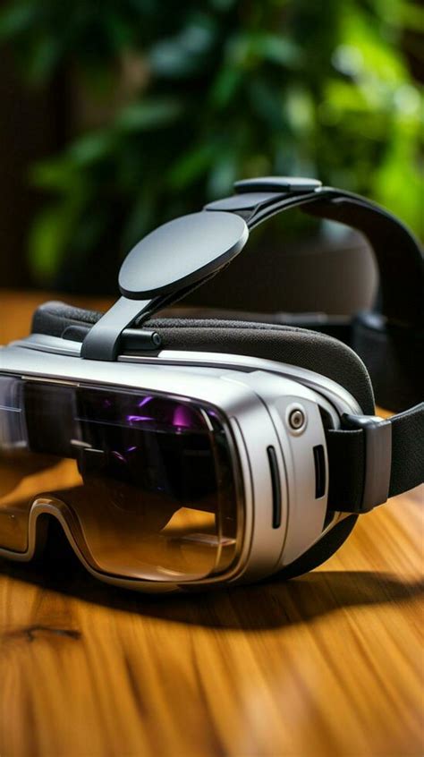 Digital harmony on wood VR glasses adorn the desk with technological ...