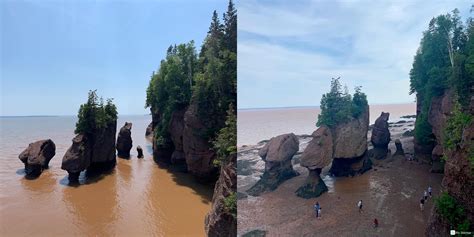 High tide vs low tide at the Hopewell Rocks (Bay of Fundy) in New Brunswick, Canada. High tide ...