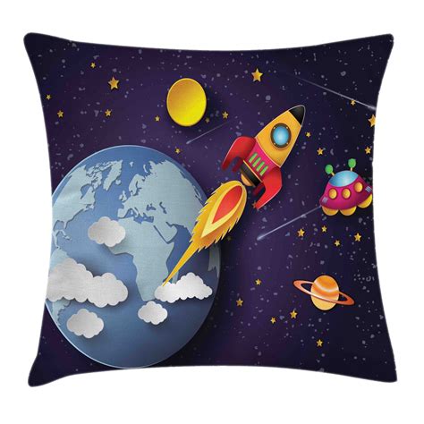 Outer Space Throw Pillow Cushion Cover Rocket On Planetary System With