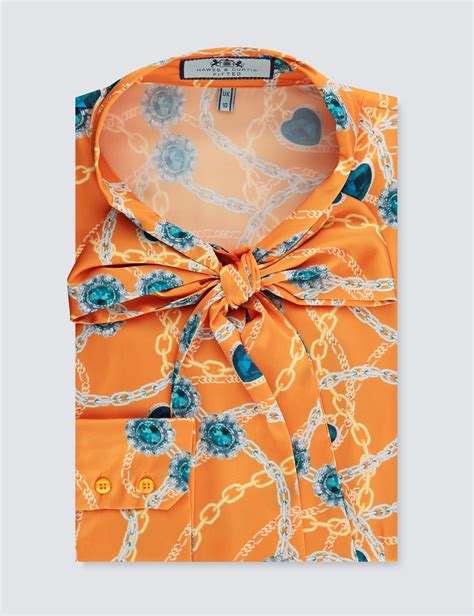 Women S Orange Gold Floral Fitted Satin Blouse Single Cuff Pussy