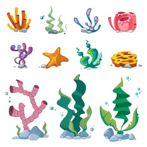 Premium Vector Bright Seaweeds Aquarium Decoration Cartoon Vector Set