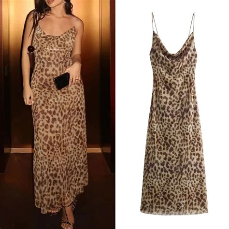 TRAF Leopard Print Long Dress Women Tulle Backless Slip Dress Woman