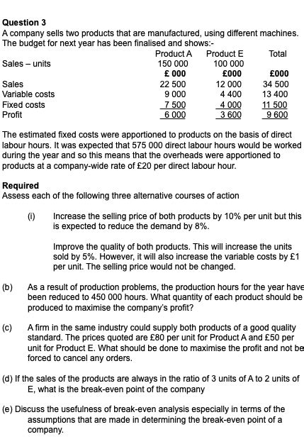 Solved Question A Company Sells Two Products That Are Chegg