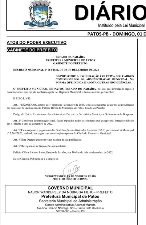 Exonera O Em Massa Atrav S De Decreto O Prefeito De Patos Nabor