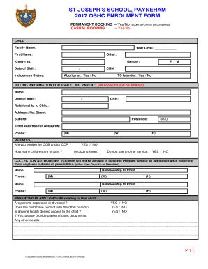 Fillable Online Stjopayn Catholic Edu Oshc Enrolment Form Pdf St