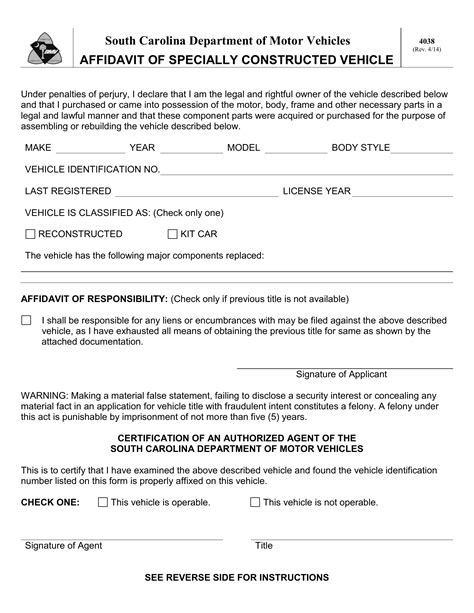 Scdmv Form 4038 Affidavit For Rebuilt Or Homemade Vehicle Forms Docs 2023