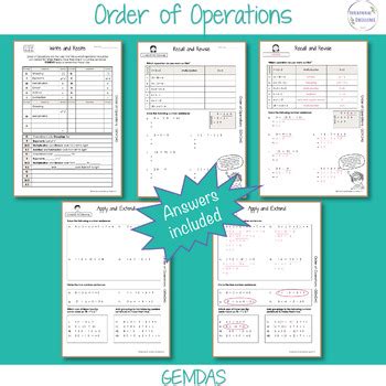 GEMDAS Order of Operations Math Worksheets Revision Homework - 6th Grade