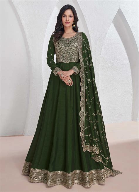 Buy Green Silk Embroidered Sequins Anarkali Gown Party Wear Online At