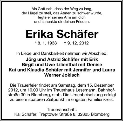 Traueranzeigen von Erika Schäfer LZ Trauer