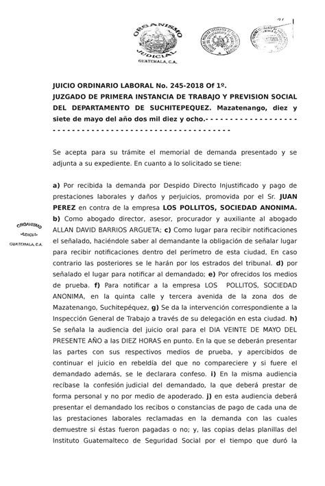 Resolucion Demanda Juicio Ordinario Laboral Juicio Ordinario Laboral No 245 2018 Of 1º