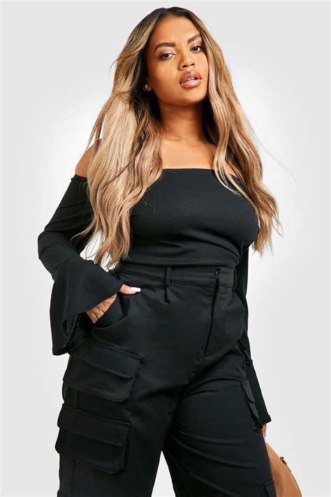 Plus Rib Off The Shoulder Flare Sleeve Bodysuit Boohoo Usa