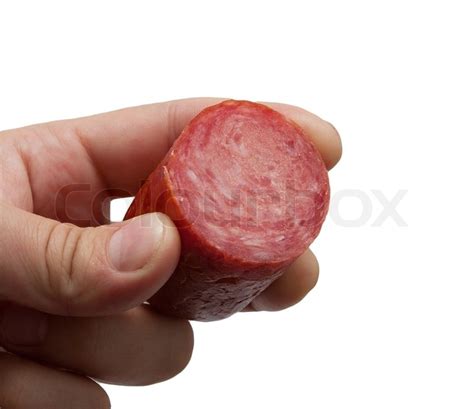 Sausage In His Hand On A White Stock Image Colourbox