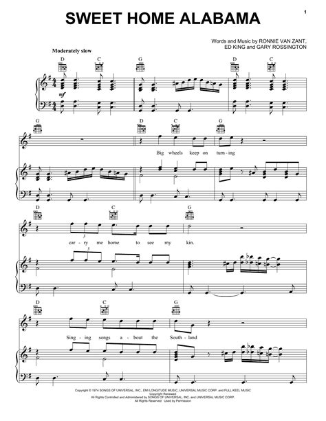 Sweet Home Alabama By Lynyrd Skynyrd Sheet Music For Piano Vocal And Guitar Chords Right Hand