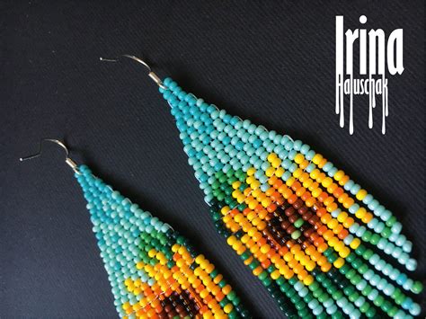 Sunflower Beaded Earrings Flower Seed Bead Earrings Floral Etsy