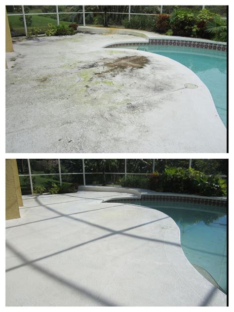 This Is A Before And After Picture Of A Pool Deck That Was Covered In Rust Mold And Mildew As