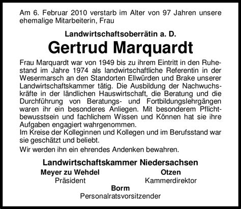 Traueranzeigen Von Gertrud Marquardt Nordwest Trauer De