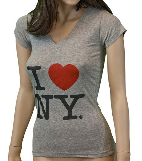 I Love Ny New York Womens V Neck T Shirt Spandex Heart Gray Small