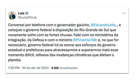 Lula anuncia apoio do governo ao Rio Grande do Sul após temporais