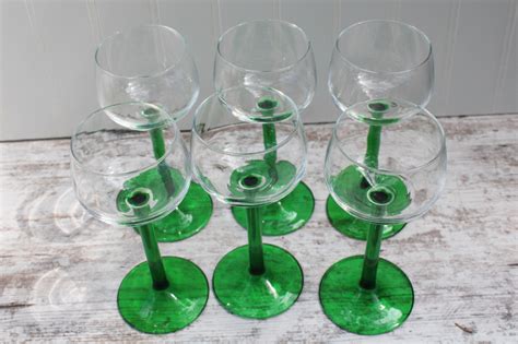 Emerald Green Stem Clear Bowl Rhine Wine Glasses Set Vintage Cristal