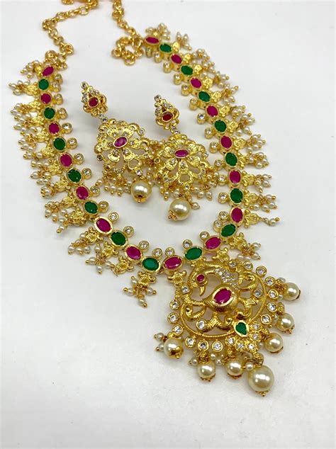 Guttapusalu Online Short Necklace With Ruby Emerald Stones