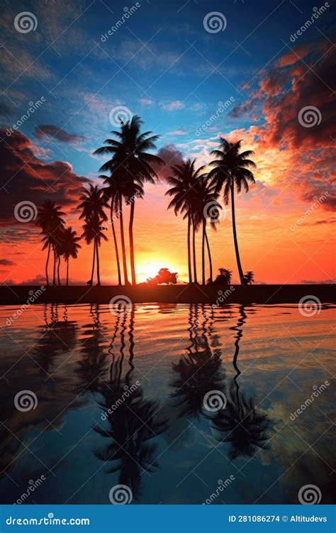 Playa Tropical Con Siluetas De Palmeras Contra El Cielo Stock De