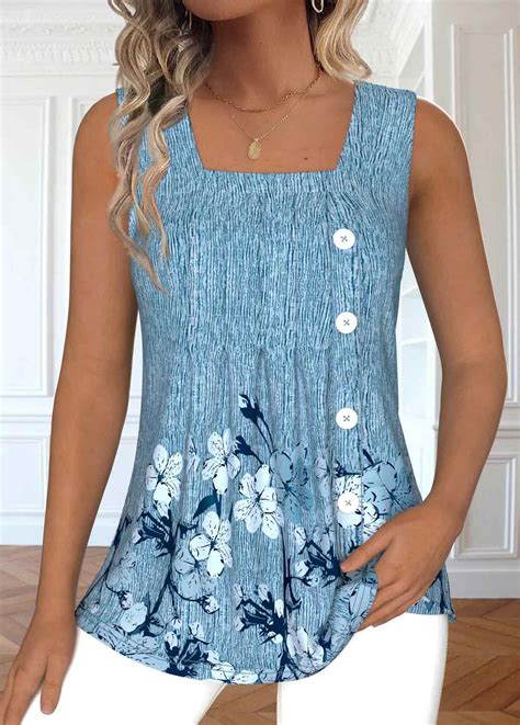 Rotita Plus Size Button Dusty Blue Floral Print Tank Top