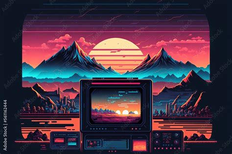 Old Video Game Console With Landscape In The Background 16 Bit Pixel Art Digital Illustration