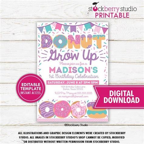 Girl Donut Grow Up Birthday Invitation Doughnut Grown Up Invite Donut 1st Birthday Party Instant