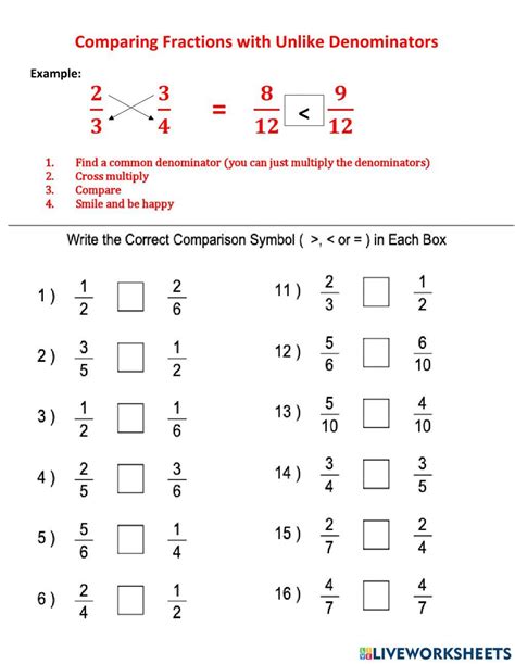 Compare Fractions With Unlike Denominators Interactive Worksheet