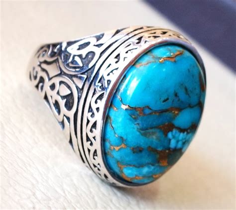 Homme Bague Cuivre Turquoise Naturelle Pierre Argent Etsy France