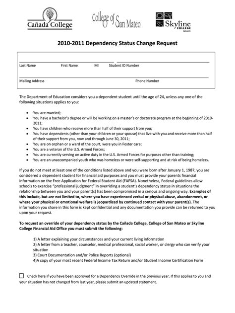 Fillable Online Collegeofsanmateo 10 11 Dependency Status Change