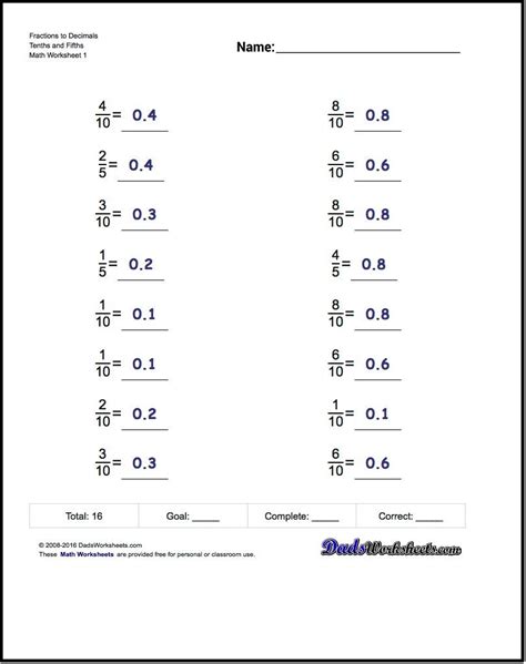 Turning Fractions Into Decimals Worksheets