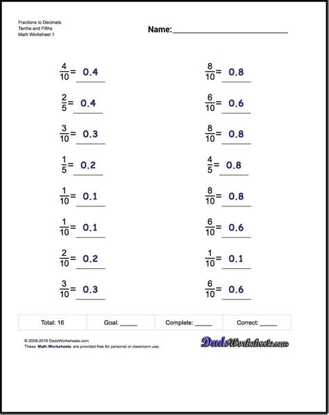 Decimal To Fractions Worksheets