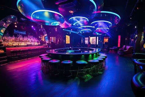 Interior of a nightclub with bright lights, toned in blue, colorful ...