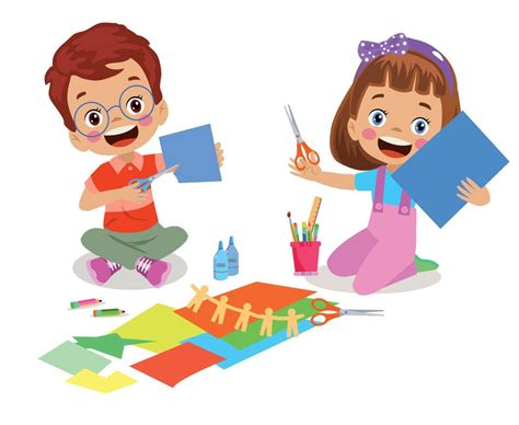 Cute Boy Painting And Cutting Colorful Craft Papers 14829906 Vector Art