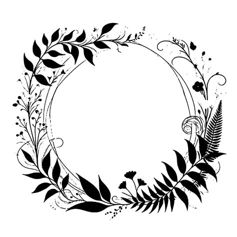 Elegant black and white circular floral frame, featuring leaves, vines