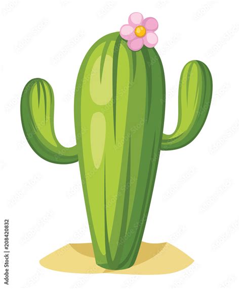 Green Cactus With Pink Flower Large Cactus Tree In Desert Cartoon