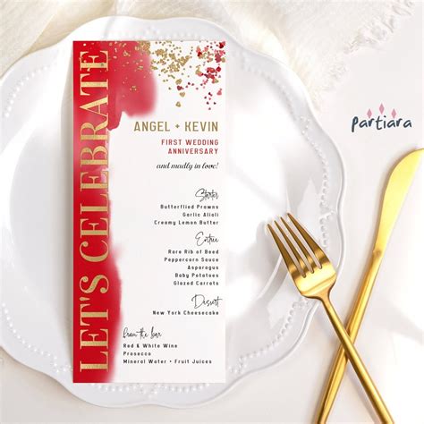 Anniversary Menu Card Dinner Party Table Menus Red Gold Plate Decor