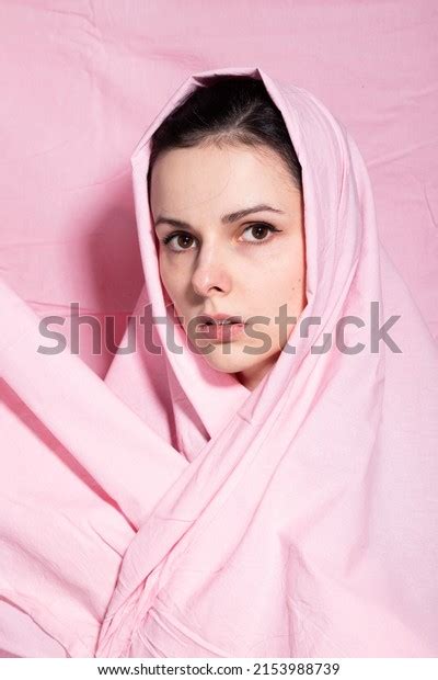 Portrait Brunette Woman Wrapped Pink Cloth Stock Photo 2153988739