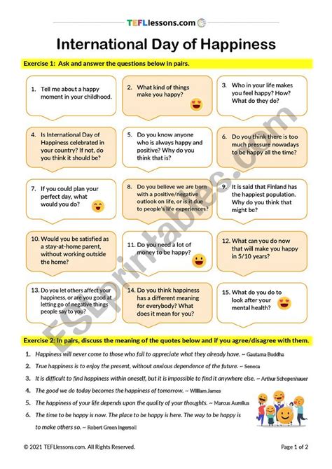 Happiness Day Speaking Task Esl Worksheet By Tefl Lessons