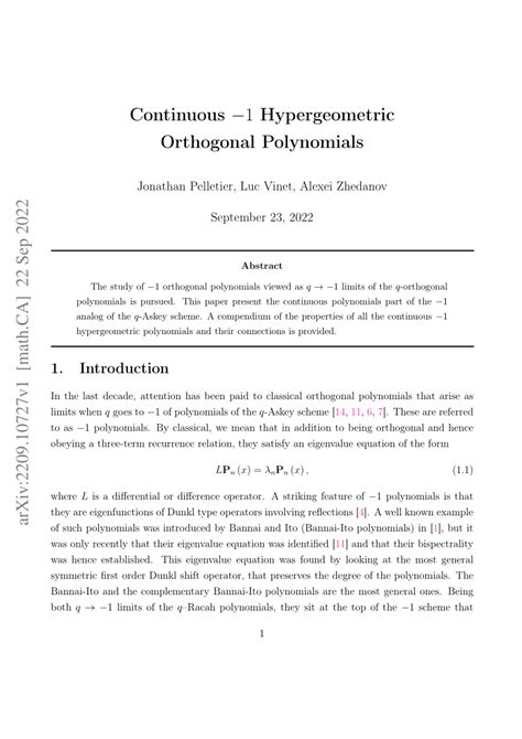 Pdf Continuous 1 Hypergeometric Orthogonal Polynomials