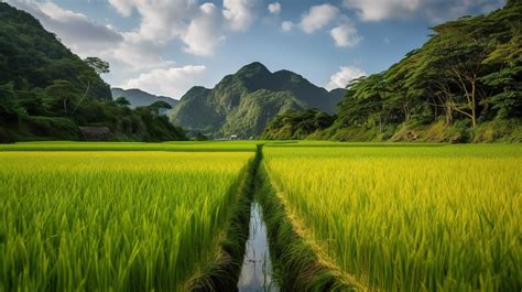 Green Rice Field With Mountains And A River Background Border Of Rice