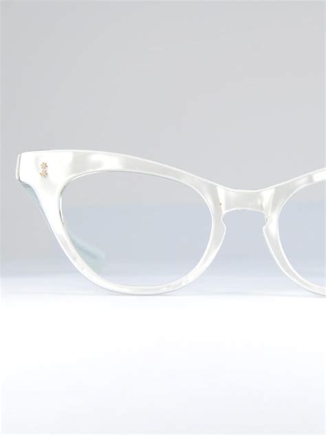 White Pearl Pointed Cat Eye Glasses Frames 1950s Atomic Star