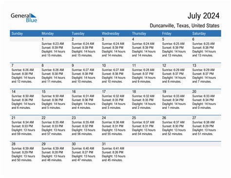 July 2024 Sunrise And Sunset Calendar For Duncanville PDF Excel Word