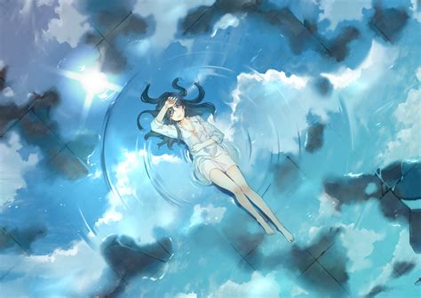 Aqua Eyes Barefoot Black Hair Clouds Long Hair No 734 Shirt Sky