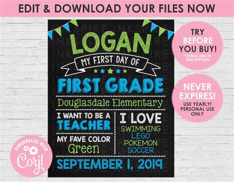 First Day of School Chalkboard Sign Editable DIGITAL FILE | Etsy