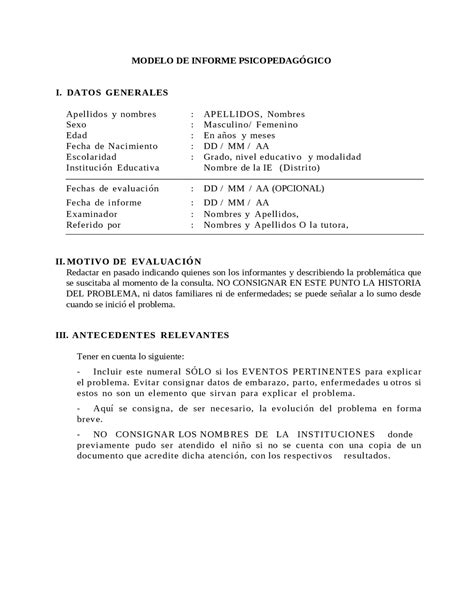 Sudor Polvo transacción modelo de informe psicopedagogico deseable