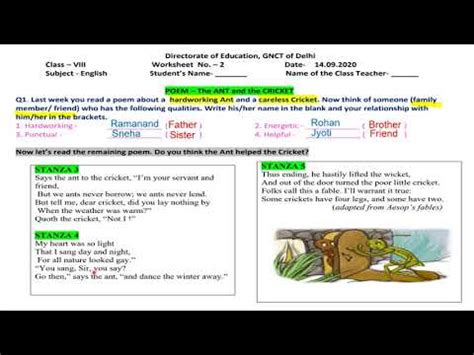 English Worksheet 2 Class 8 Poem The Ant And Cricket English