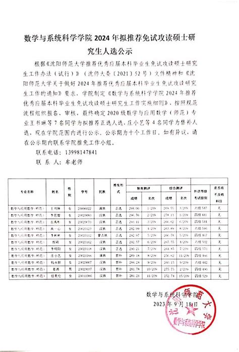 数学与系统科学学院2024年拟推荐免试攻读硕士研究生人选公示