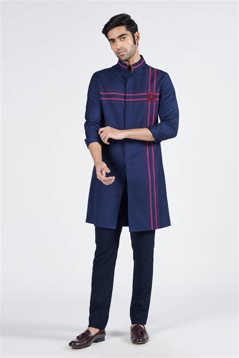 Buy Blue Terylene Embroidered Thread Work Short Kurta For Men By S N By